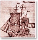 The coat of arms of Armenian Cilician Kingdom flying on an Armenian vessel in the Indian Ocean. 18th cent. engraving